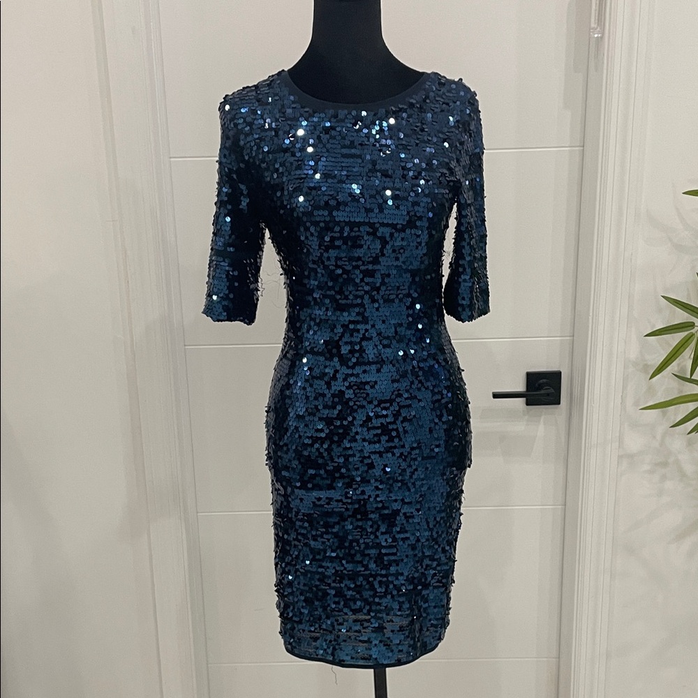 BCBGMaxAzria Navy Sequin Midi Dress